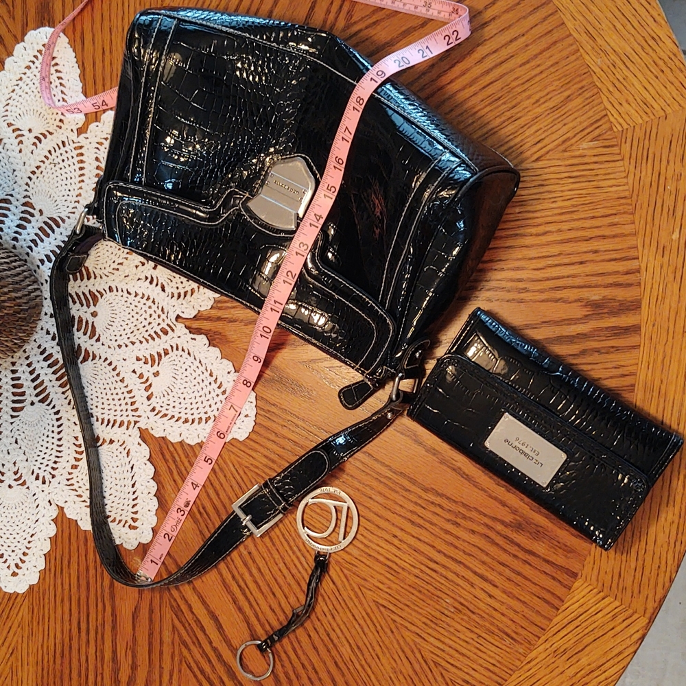 Liz Claiborne Vegan Patent Leather Purse, Wallet, Keychain Set Black - Picture 13 of 16